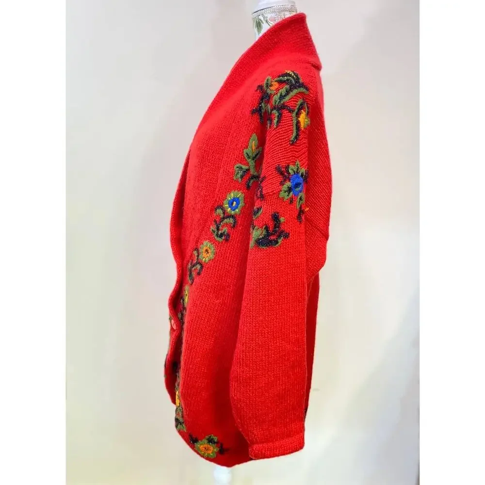 VTG Cervelle Red Bulky, Chunky, Shawl Collar Cardigan, Puff Sleeves, Wool  Med - Picture 7 of 8